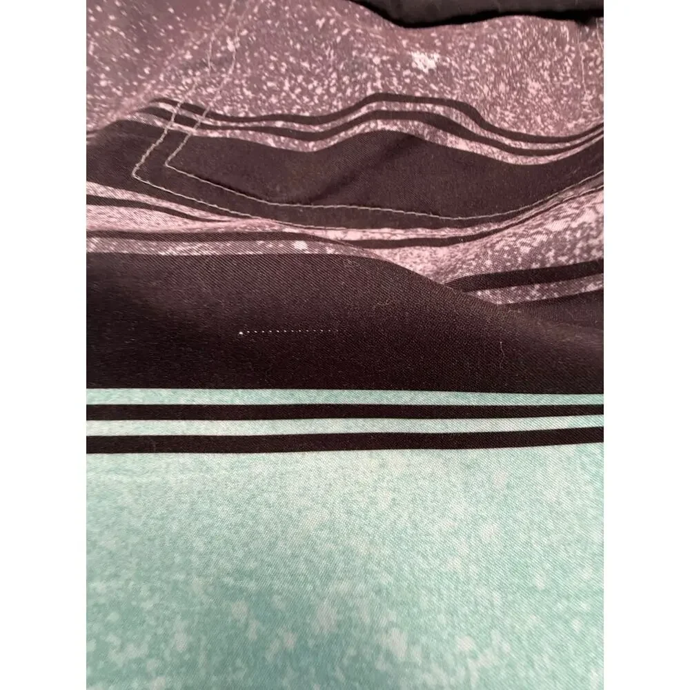 SKU2522 Burnside Men Size 34 Gray Aqua Striped Board Shorts with Surf Wax Comb